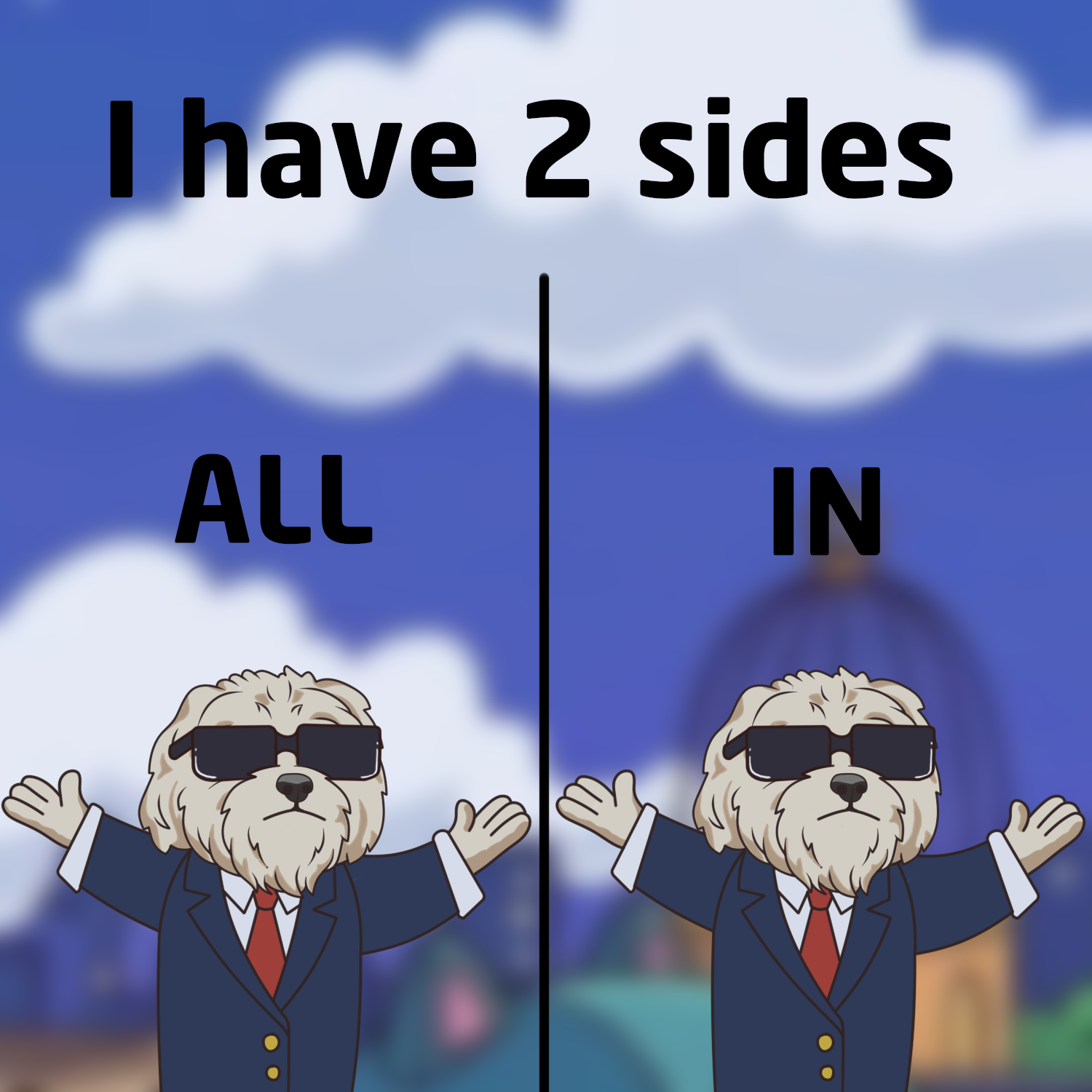 Brodie in a suit and sunglasses labelled ALL and IN