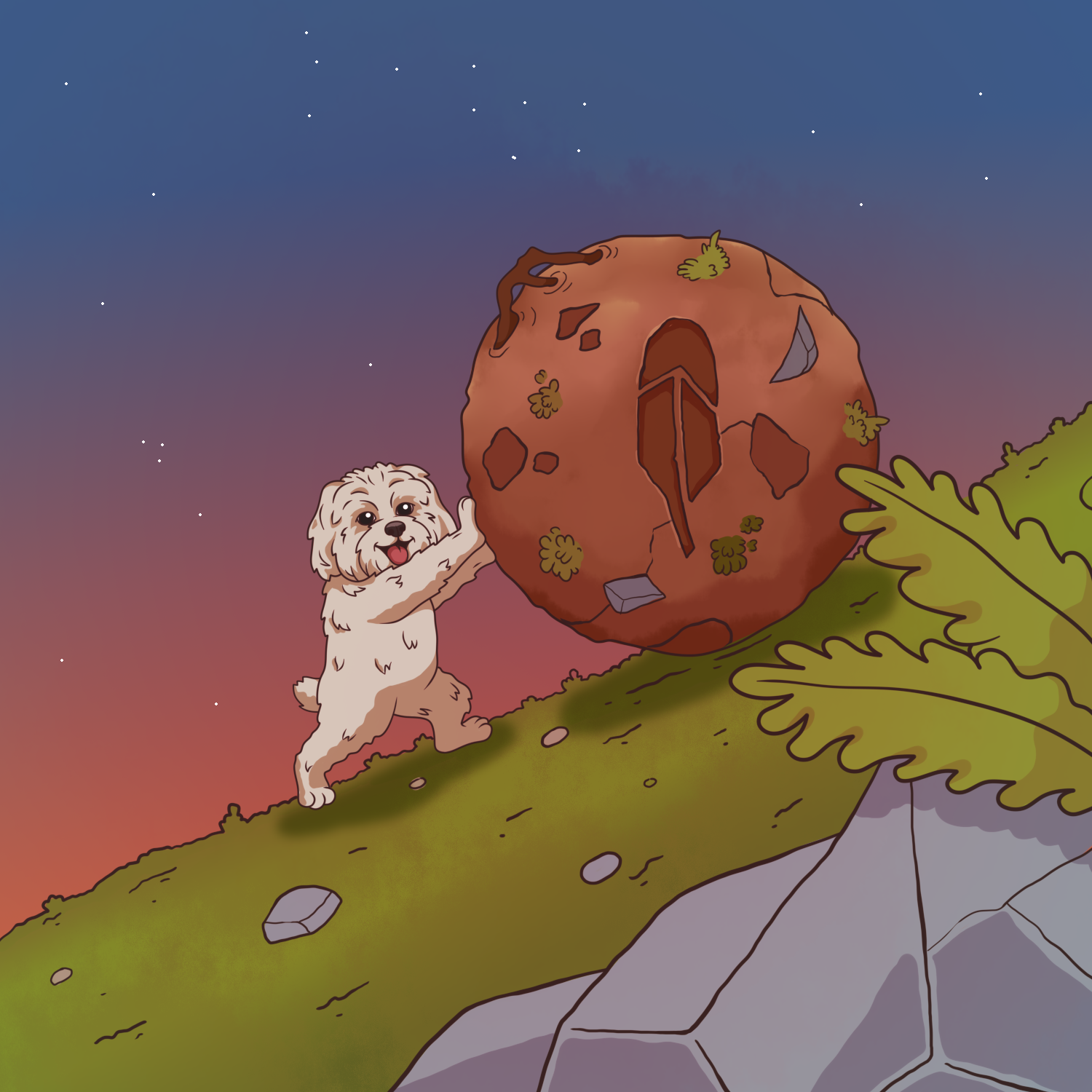 Brodie pushing a boulder up a hill like Sisyphus