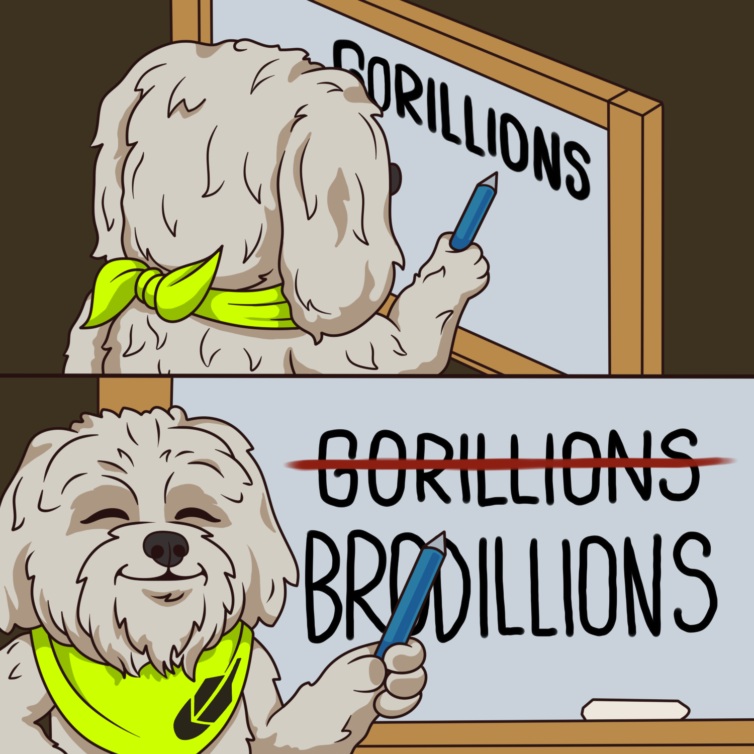 Brodie crossing out Gorillions and writing Brodillions on a whiteboard