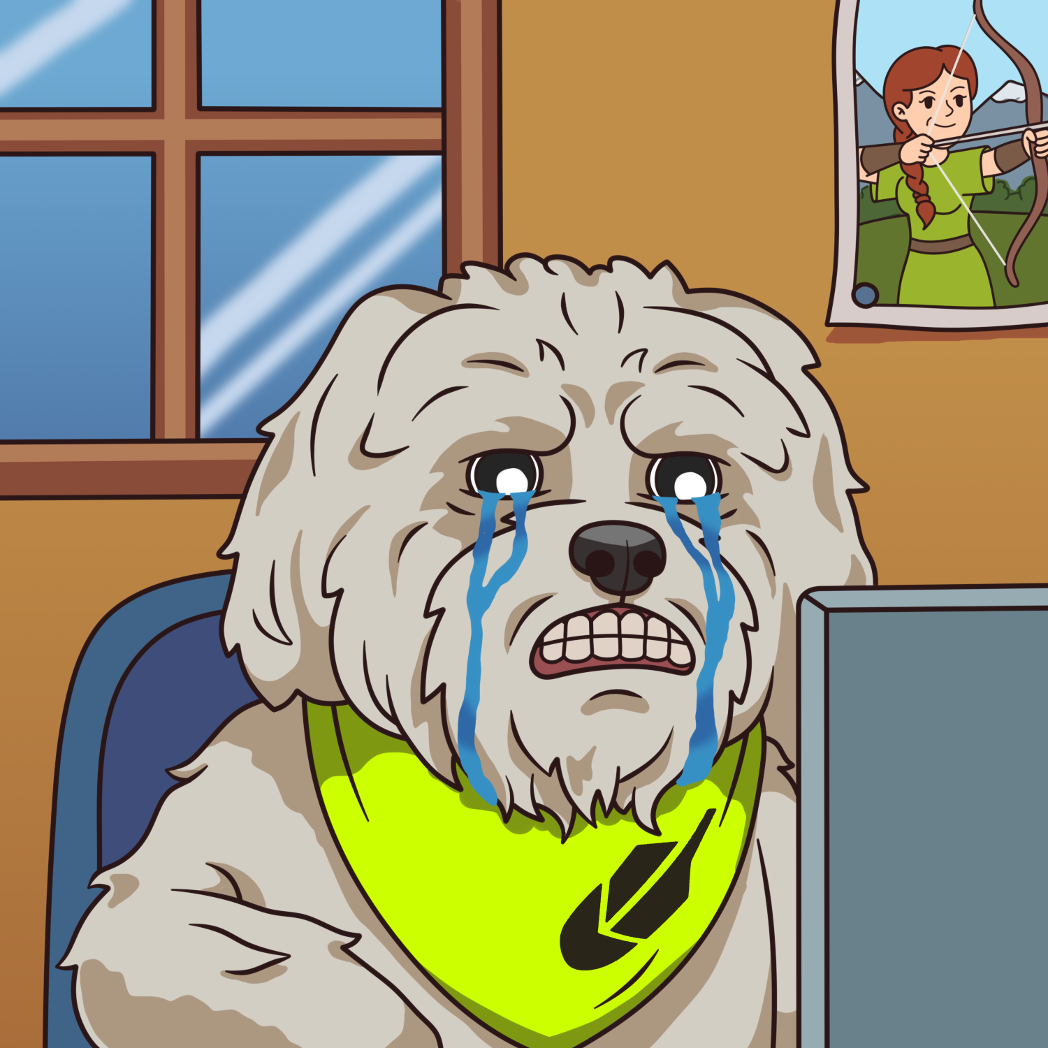 Teary-eyed Brodie at a computer with an archer photo on the wall