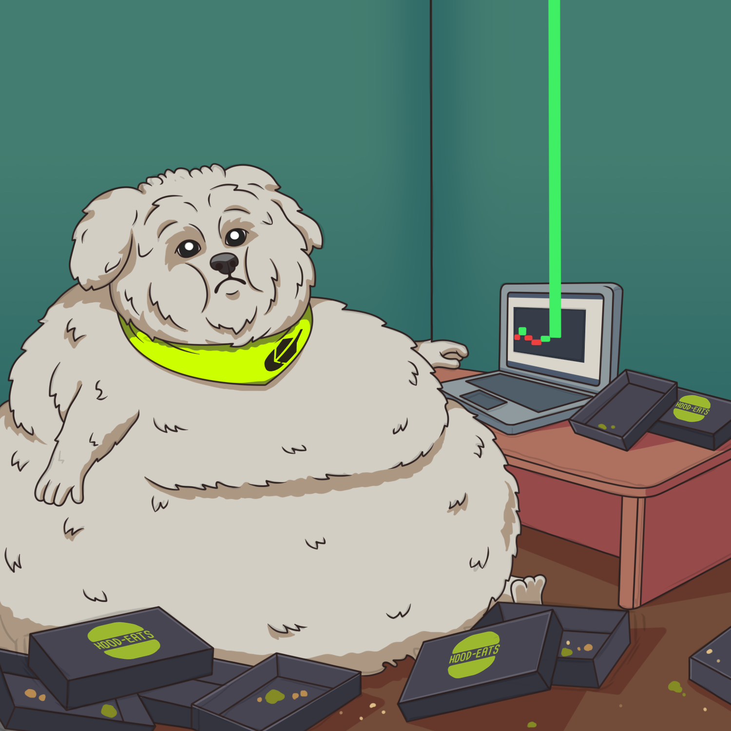 Chonky Brodie surrounded by Hood-Eats boxes watching a green chart