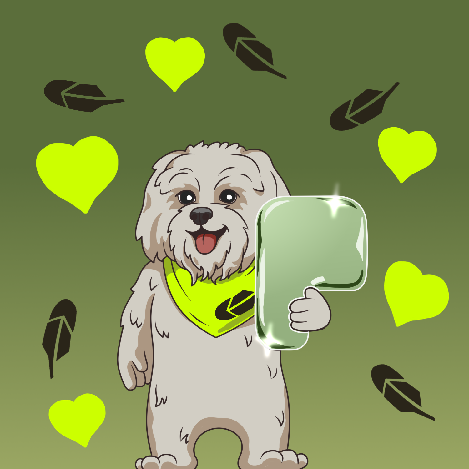 Brodie holding a glowing green phone surrounded by neon hearts
