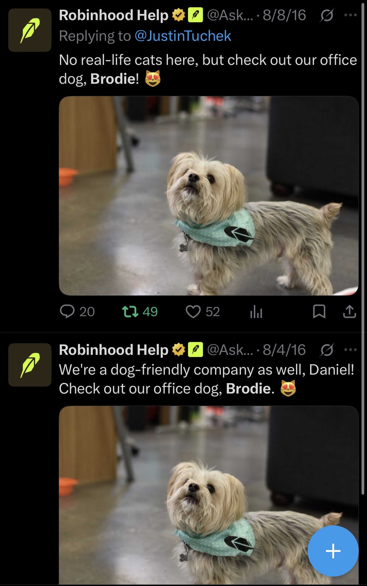 Two 2016 @AskRobinhood tweets: no cats, but check out our office dog, Brodie — with photos of the real Brodie in the office.